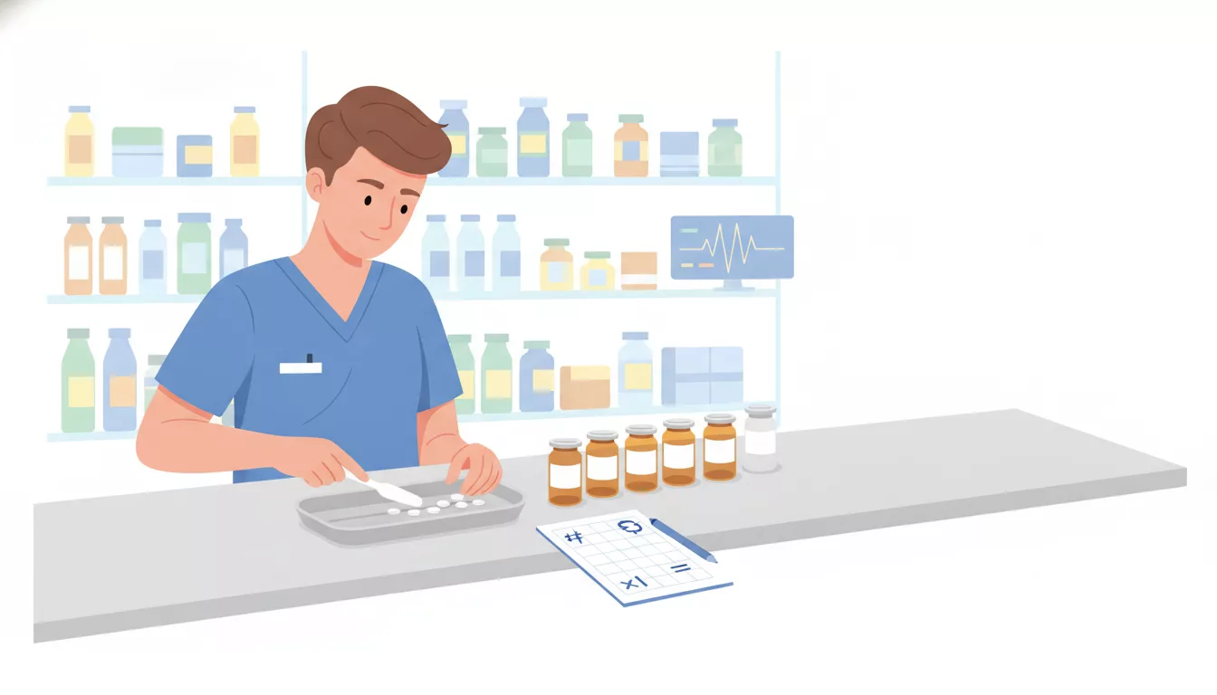 Pharmacy technician counting pills on a counting tray with a spatula beside amber prescription vials