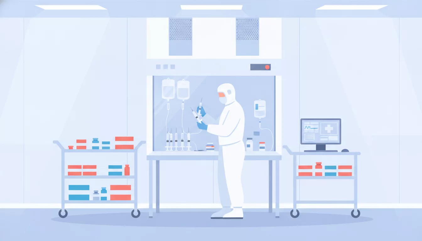 Hospital pharmacy technician preparing IV medications in a sterile clean room with a laminar flow hood